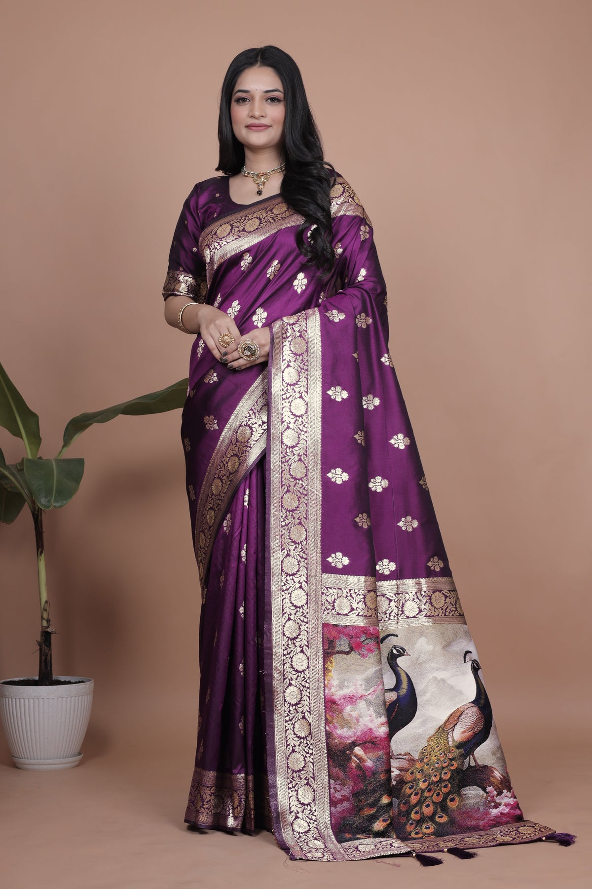 Elegant Purple Silk Saree with Peacock Design and Golden Border