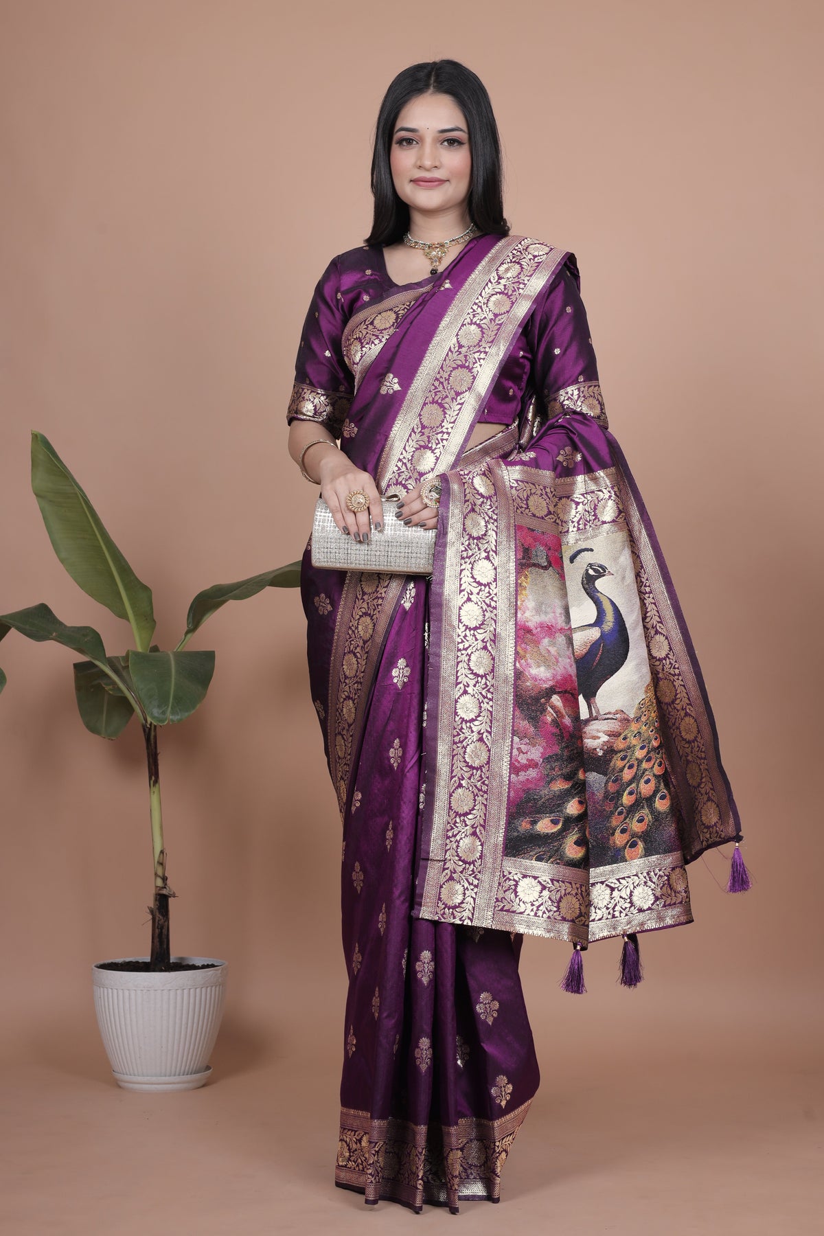 Elegant Purple Silk Saree with Peacock Design and Golden Border