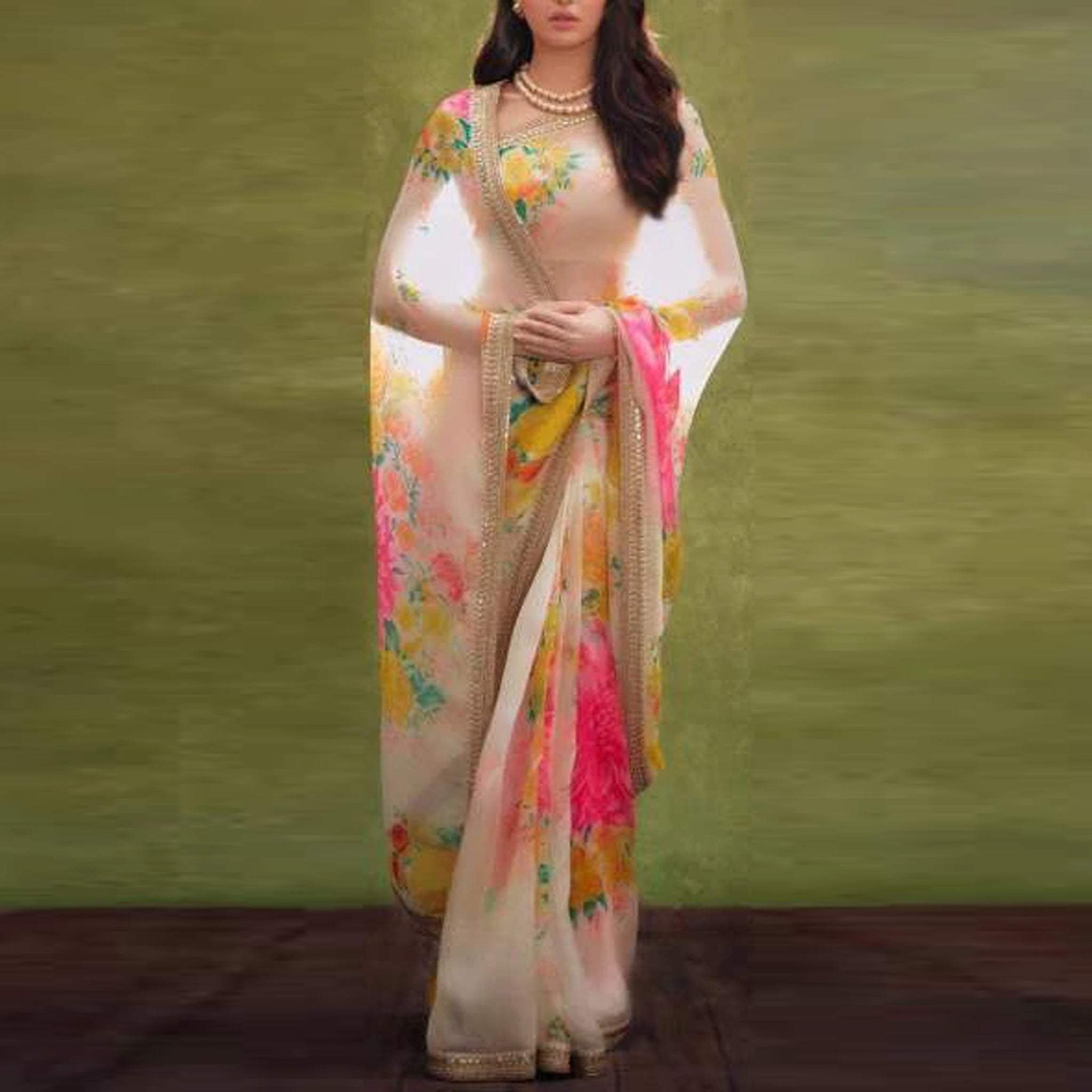 Organa Silk Saree in Digital Print with Embroidery Sequence Work Lace