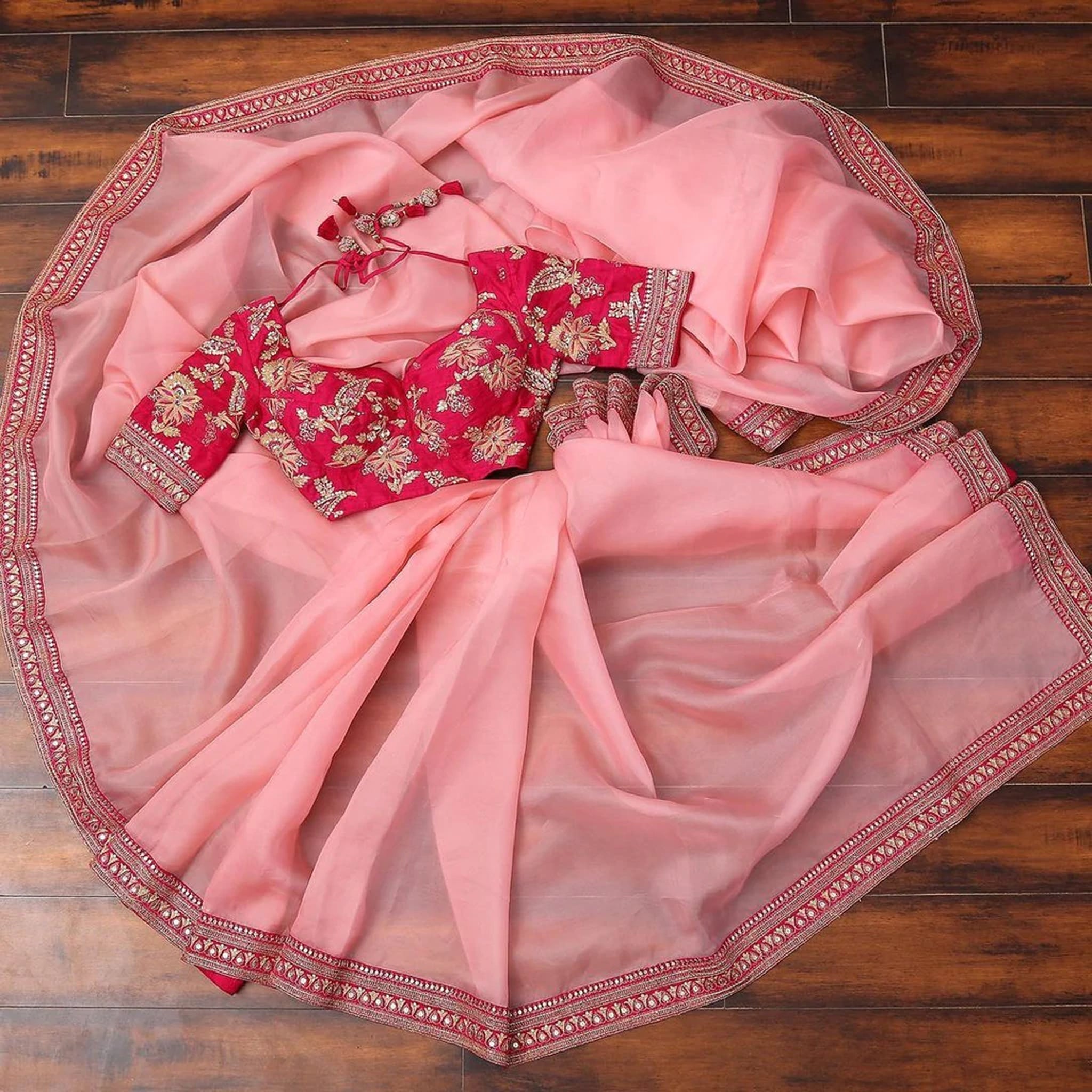 Organza Saree with Lace Border and Embroidery Work with Dashing Silk Blouse