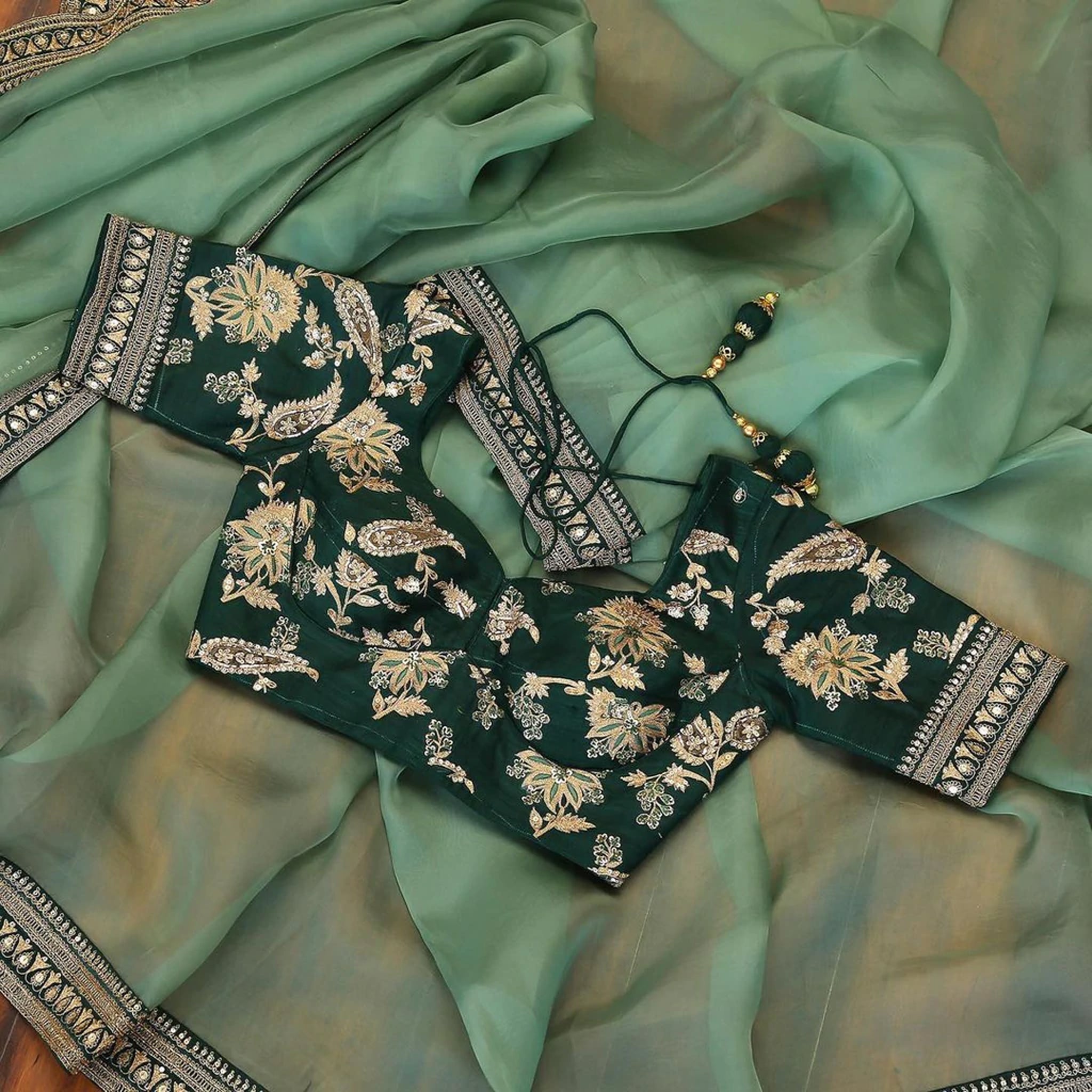 Organza Saree with Lace Border and Embroidery Work with Dashing Silk Blouse