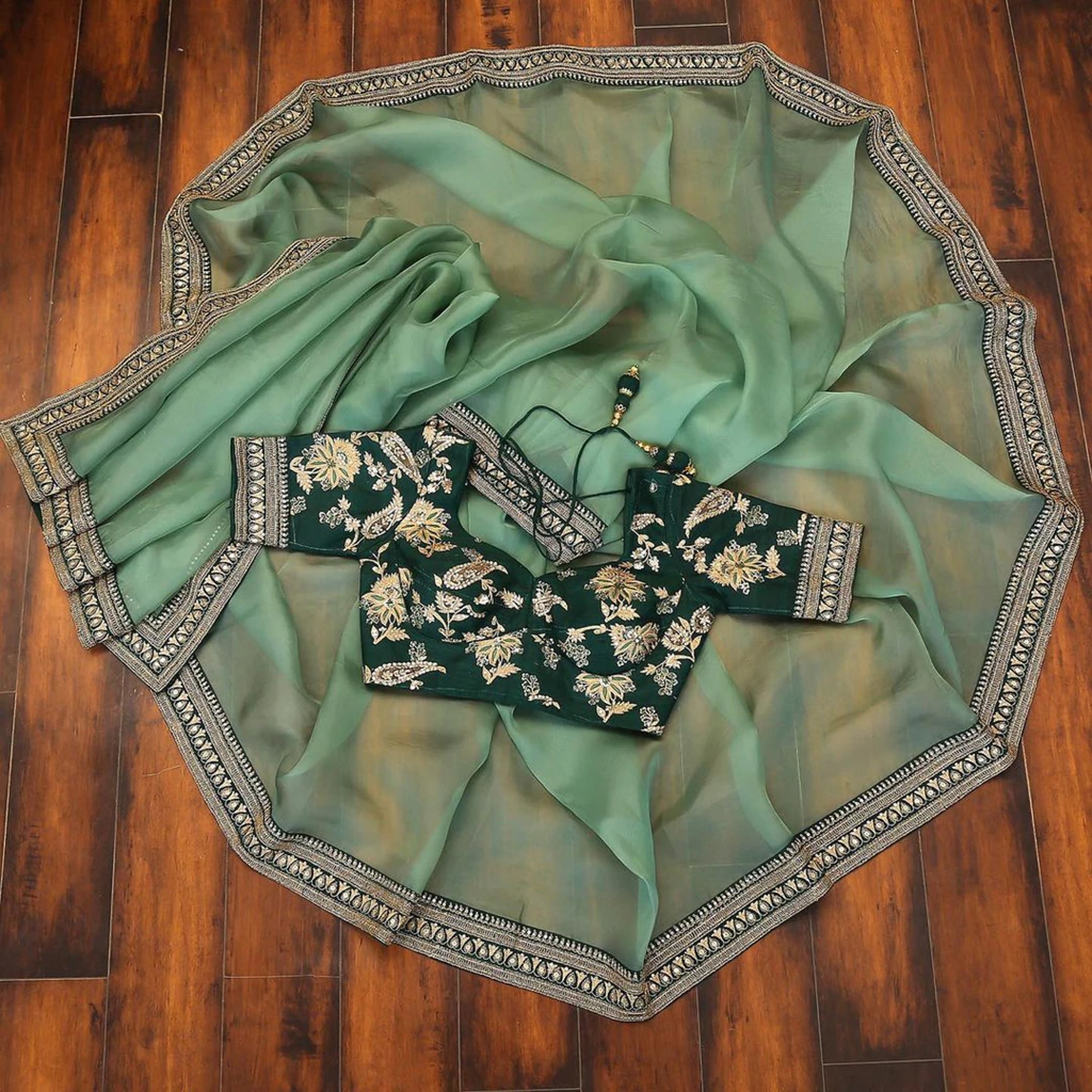 Organza Saree with Lace Border and Embroidery Work with Dashing Silk Blouse