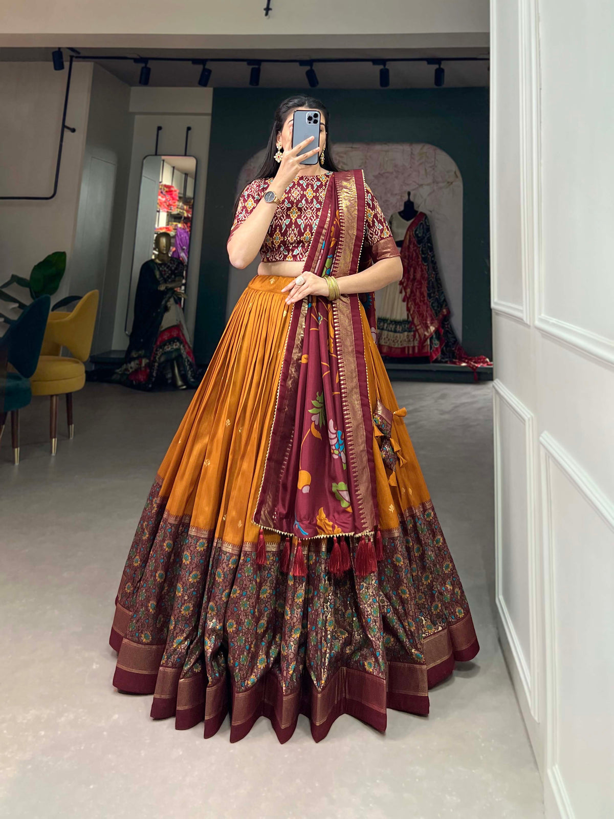 Mustard & Maroon Silk Blend Lehenga Set with Brocade Blouse & Printed Dupatta