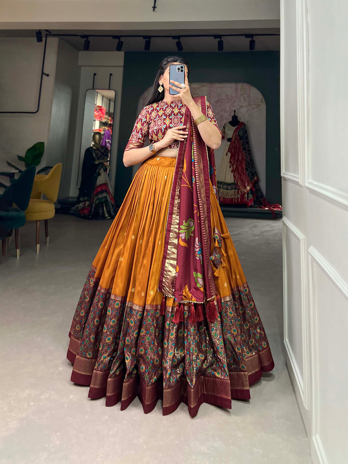 Mustard & Maroon Silk Blend Lehenga Set with Brocade Blouse & Printed Dupatta