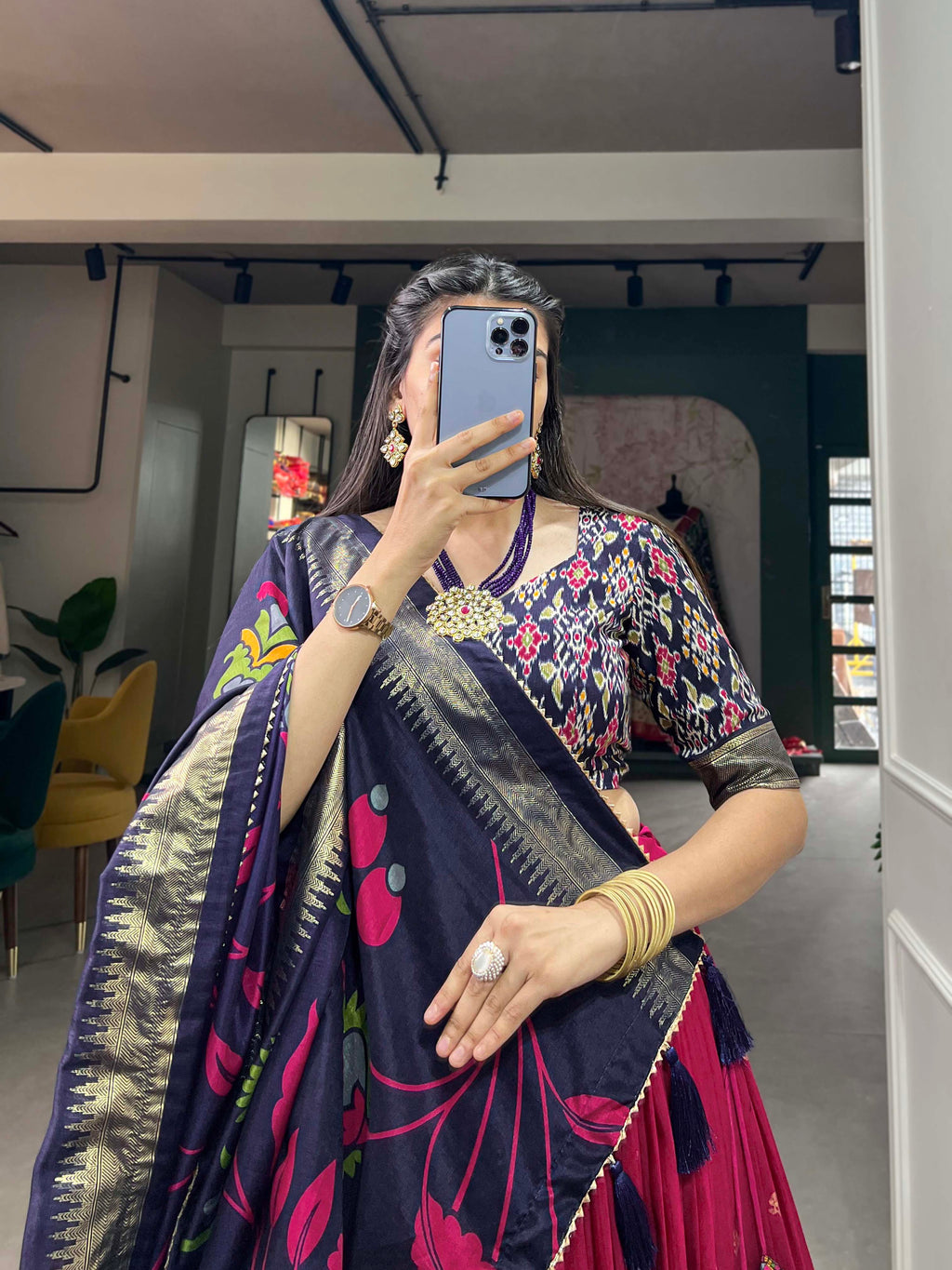 Pink & Blue Silk Blend Lehenga Set with Brocade Blouse & Printed Dupatta