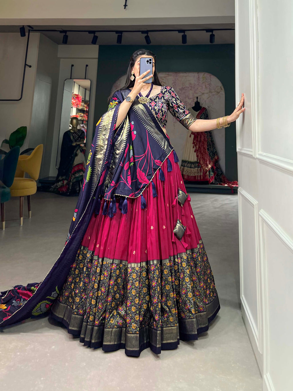 Pink & Blue Silk Blend Lehenga Set with Brocade Blouse & Printed Dupatta