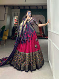 Pink & Blue Silk Blend Lehenga Set with Brocade Blouse & Printed Dupatta