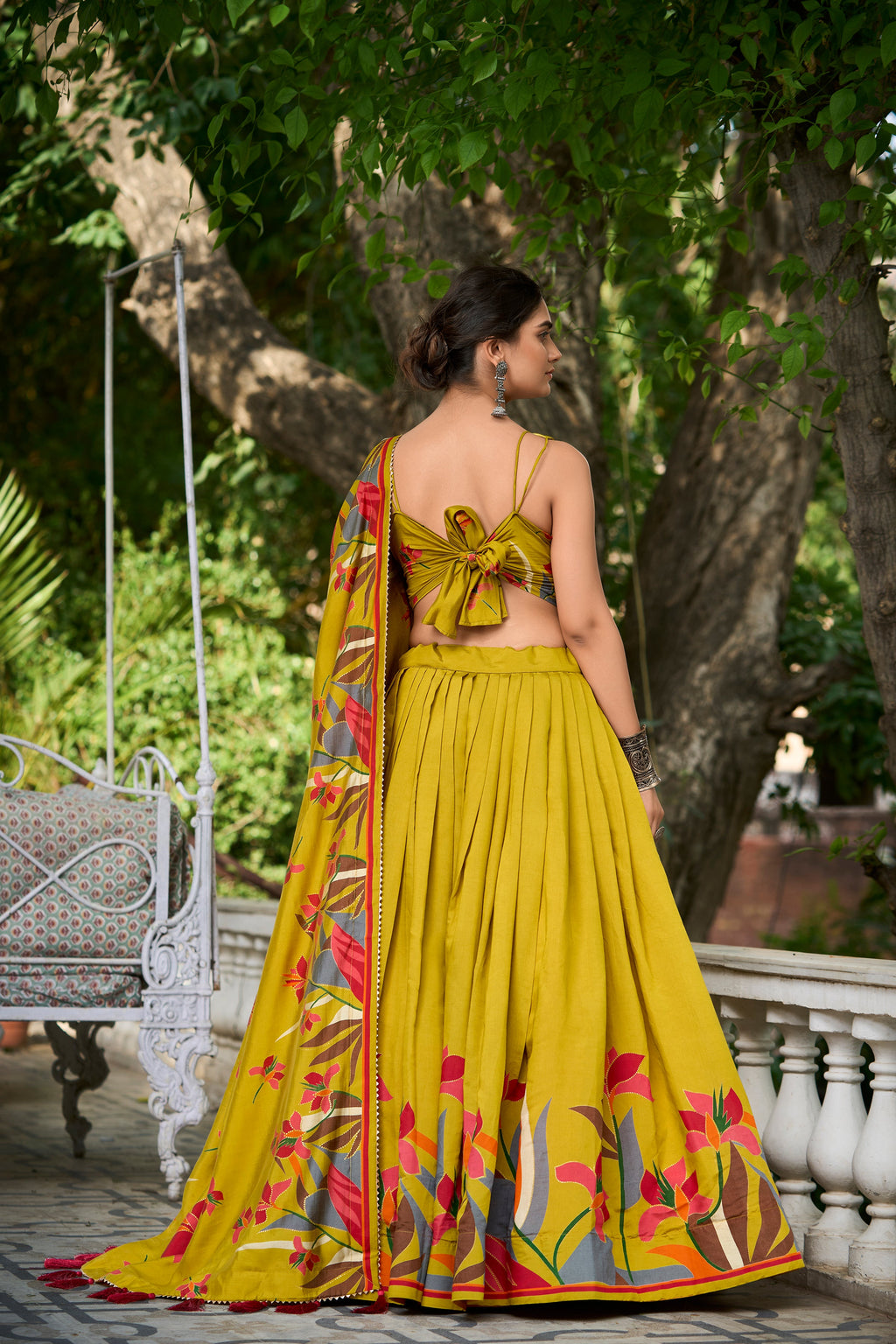 Elegant Mustard Yellow Lehenga Choli with Bold Floral Print – Cotton Blend
