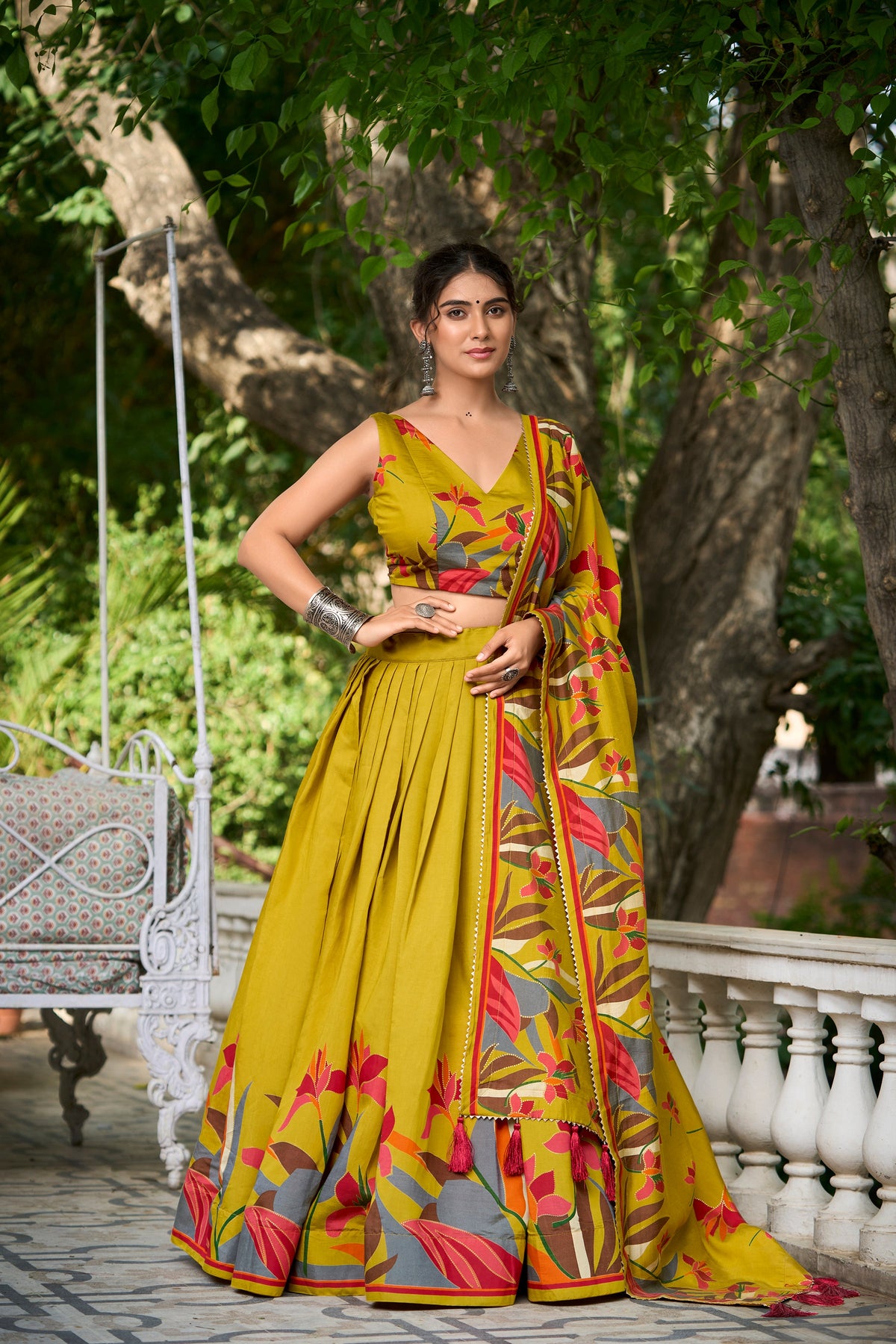 Elegant Mustard Yellow Lehenga Choli with Bold Floral Print – Cotton Blend