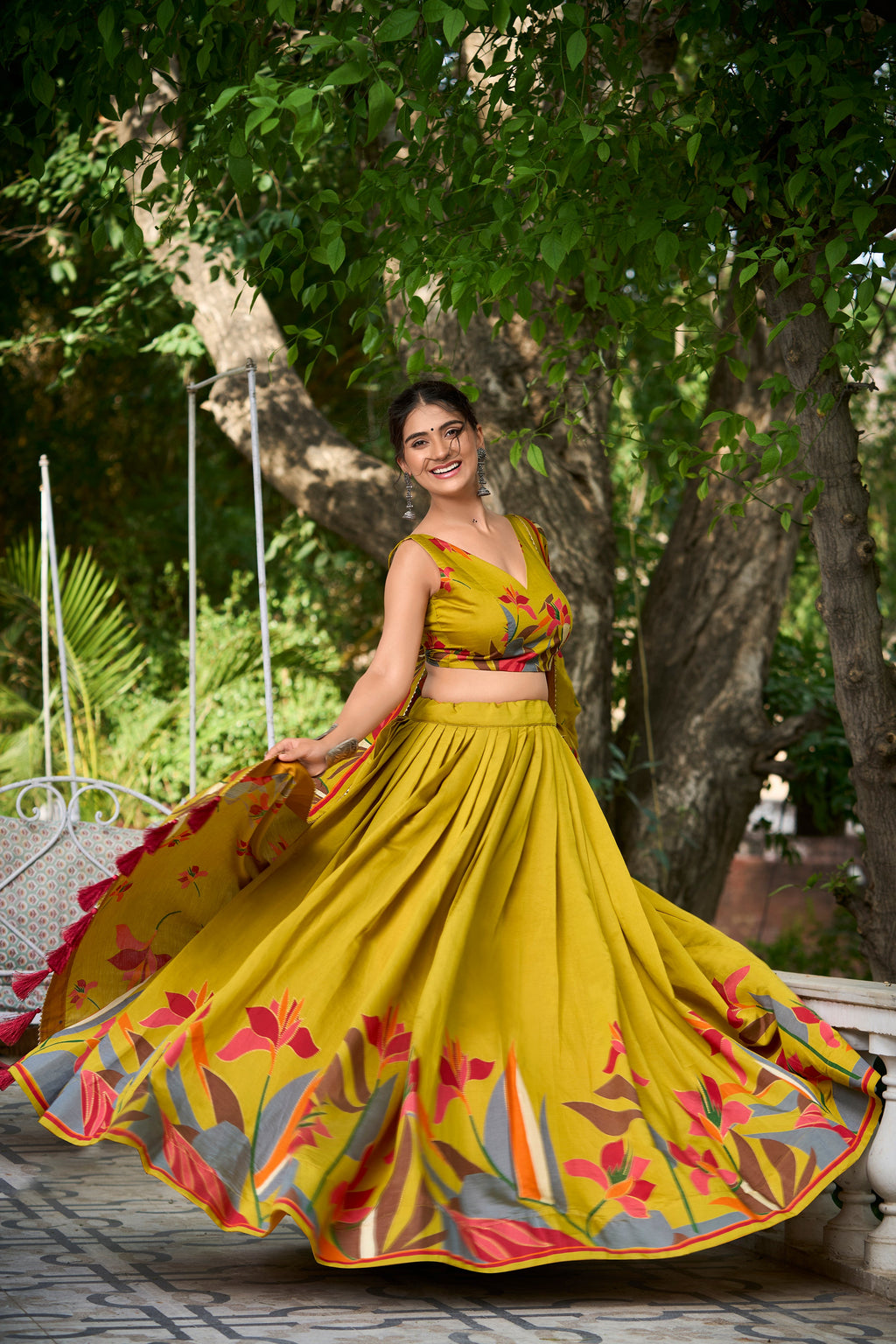 Elegant Mustard Yellow Lehenga Choli with Bold Floral Print – Cotton Blend
