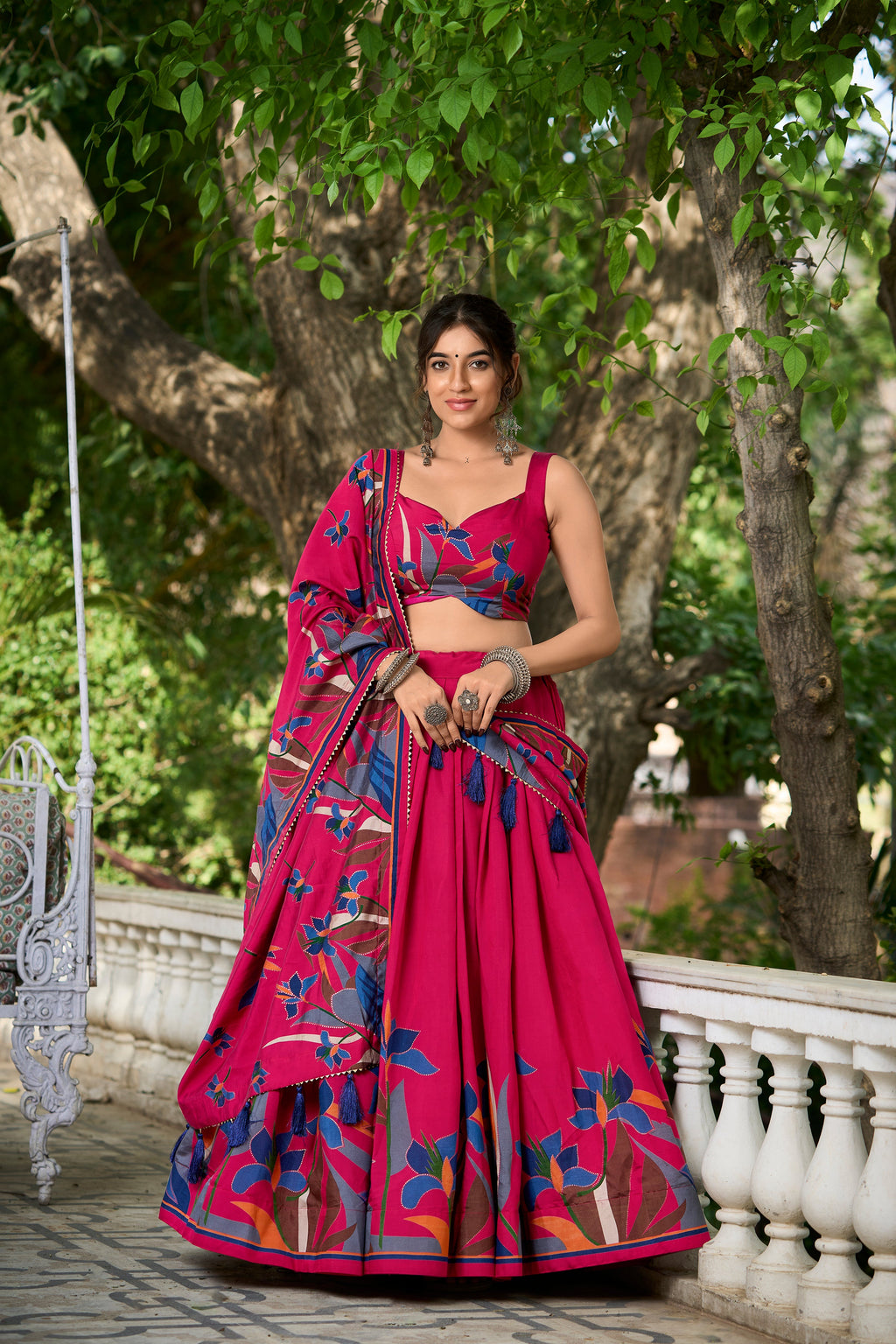 Elegant Pink Lehenga Choli with Bold Floral Print – Cotton Blend