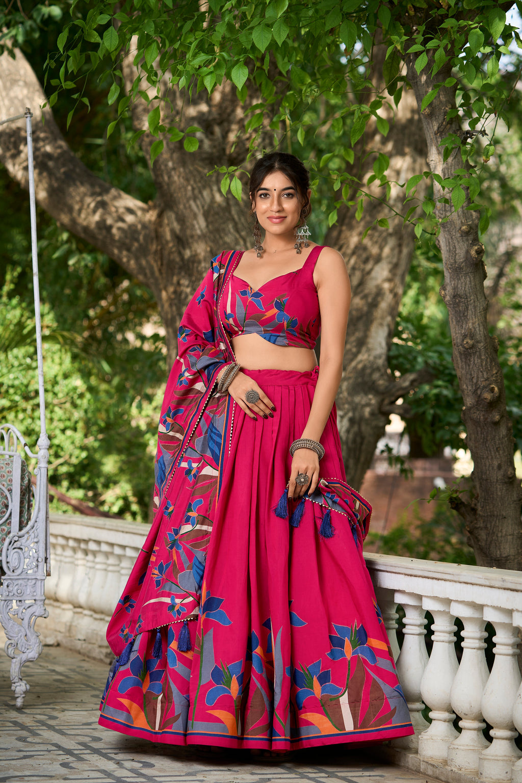 Elegant Pink Lehenga Choli with Bold Floral Print – Cotton Blend