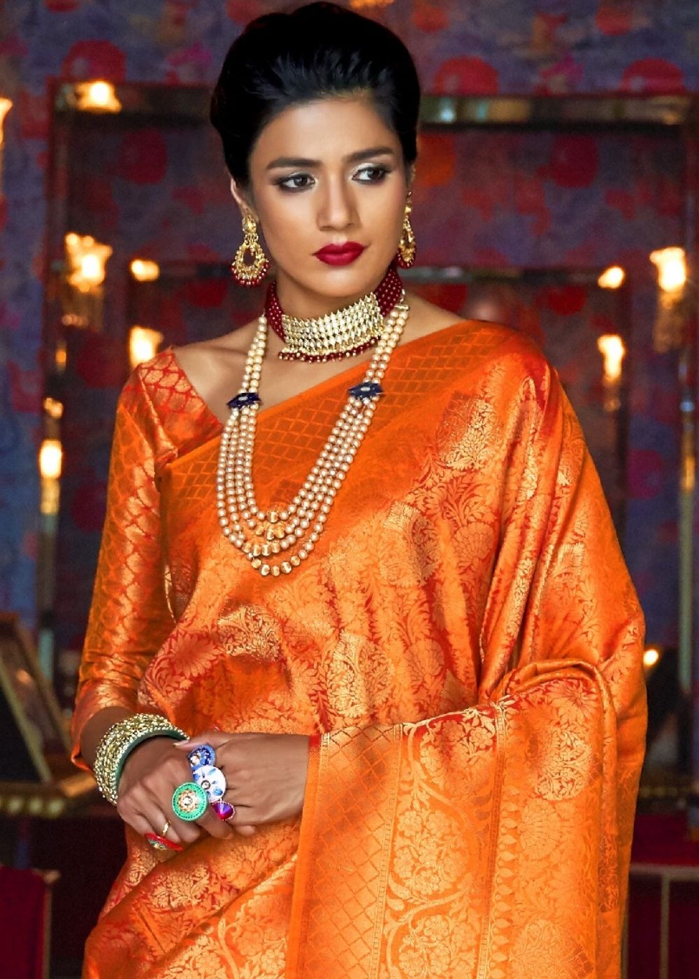 Apricot Orange and Golden Blend Woven Kanjivaram Soft Silk Saree