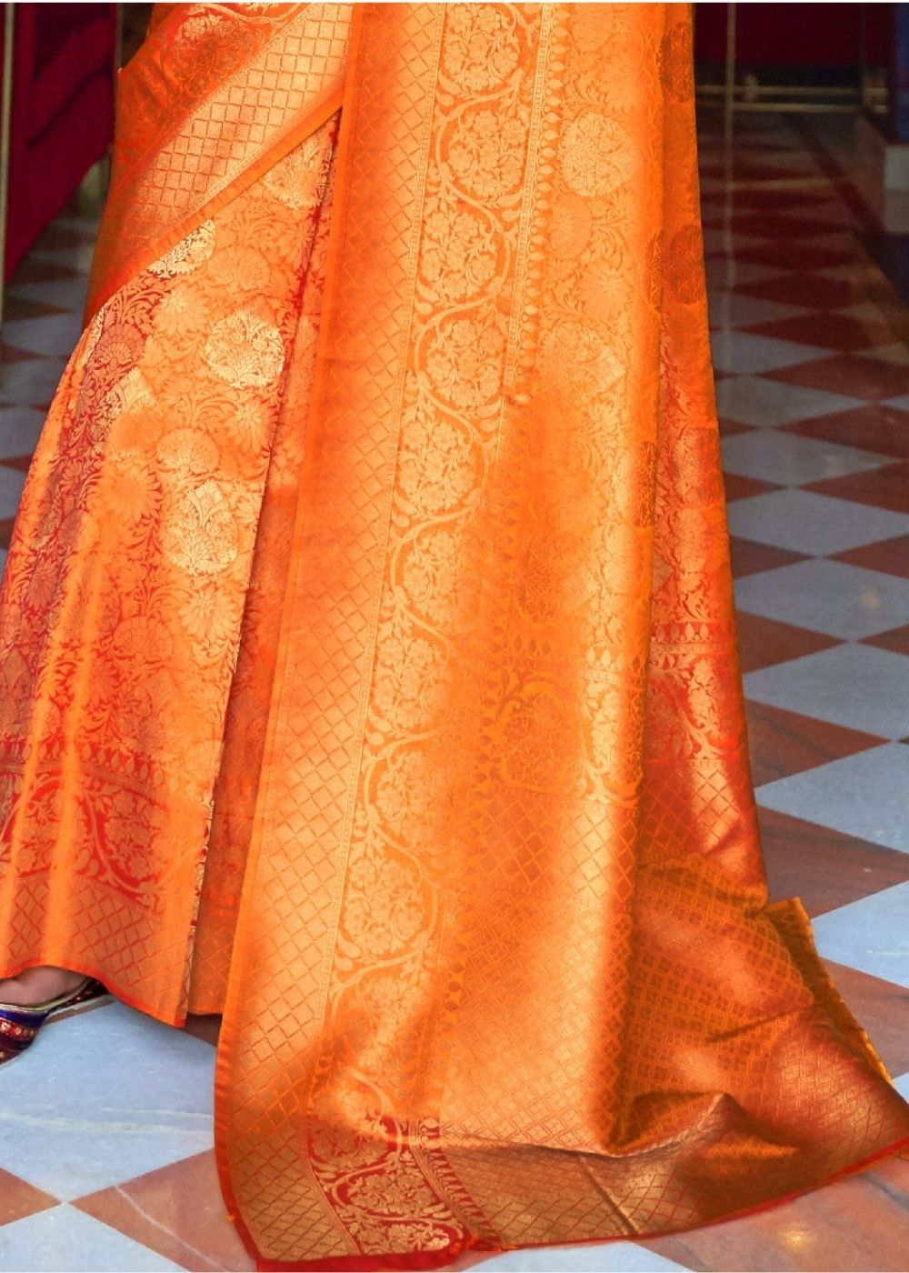 Apricot Orange and Golden Blend Woven Kanjivaram Soft Silk Saree