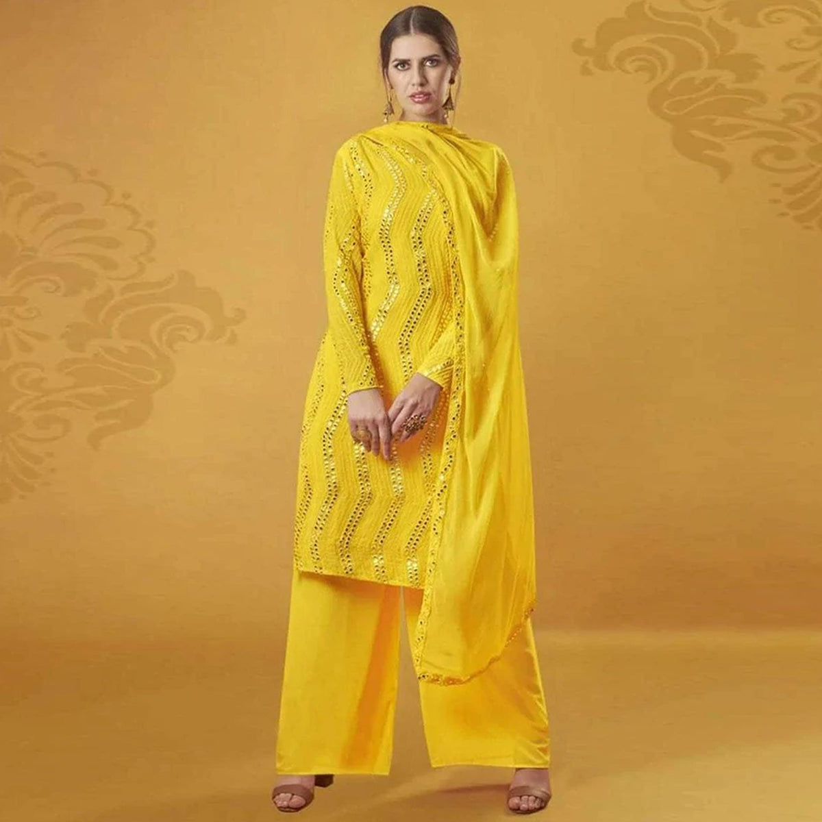 Yellow Color Suit with Foil Mirror Work