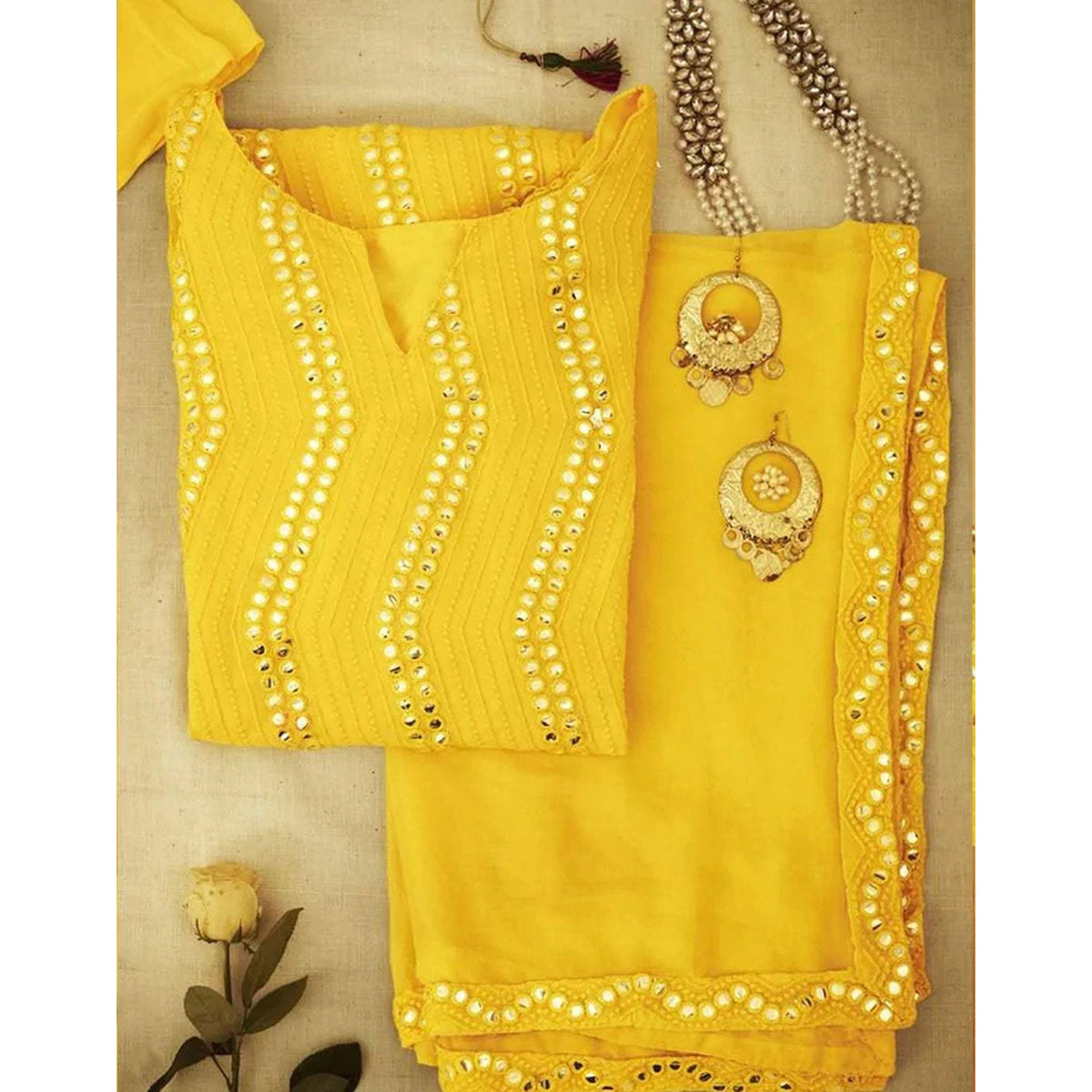 Yellow Color Suit with Foil Mirror Work