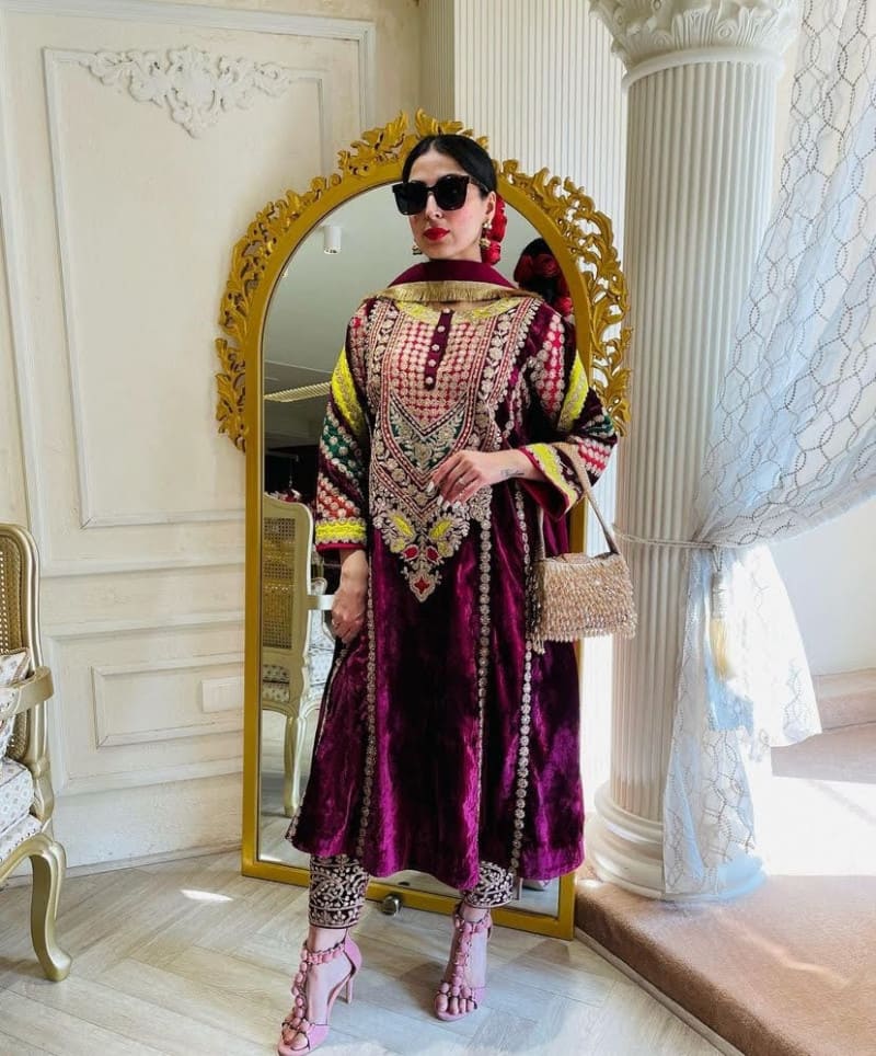 Wine Velvet Cording Embroidery Work Salwar Suit