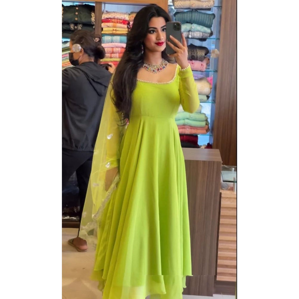 Parrot Green Anarkali Salwar Suit in Soft Georgette with Pearl Lace