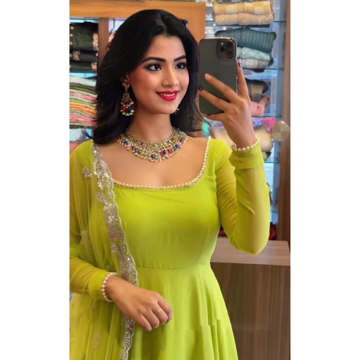 Parrot Green Anarkali Salwar Suit in Soft Georgette with Pearl Lace