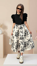 Girls Black Puff Sleeve Top & Floral Printed Flared Midi Dress