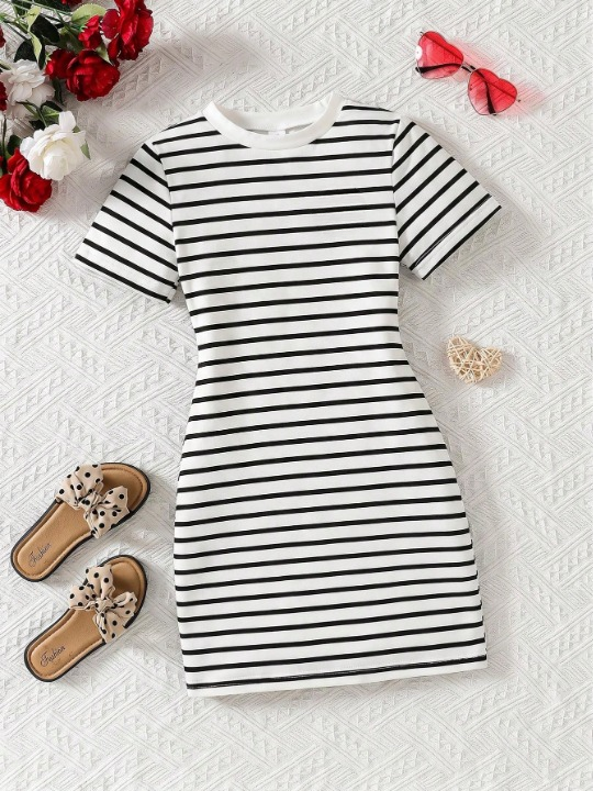 Girls Black & White Striped Ribbed Bodycon Dress