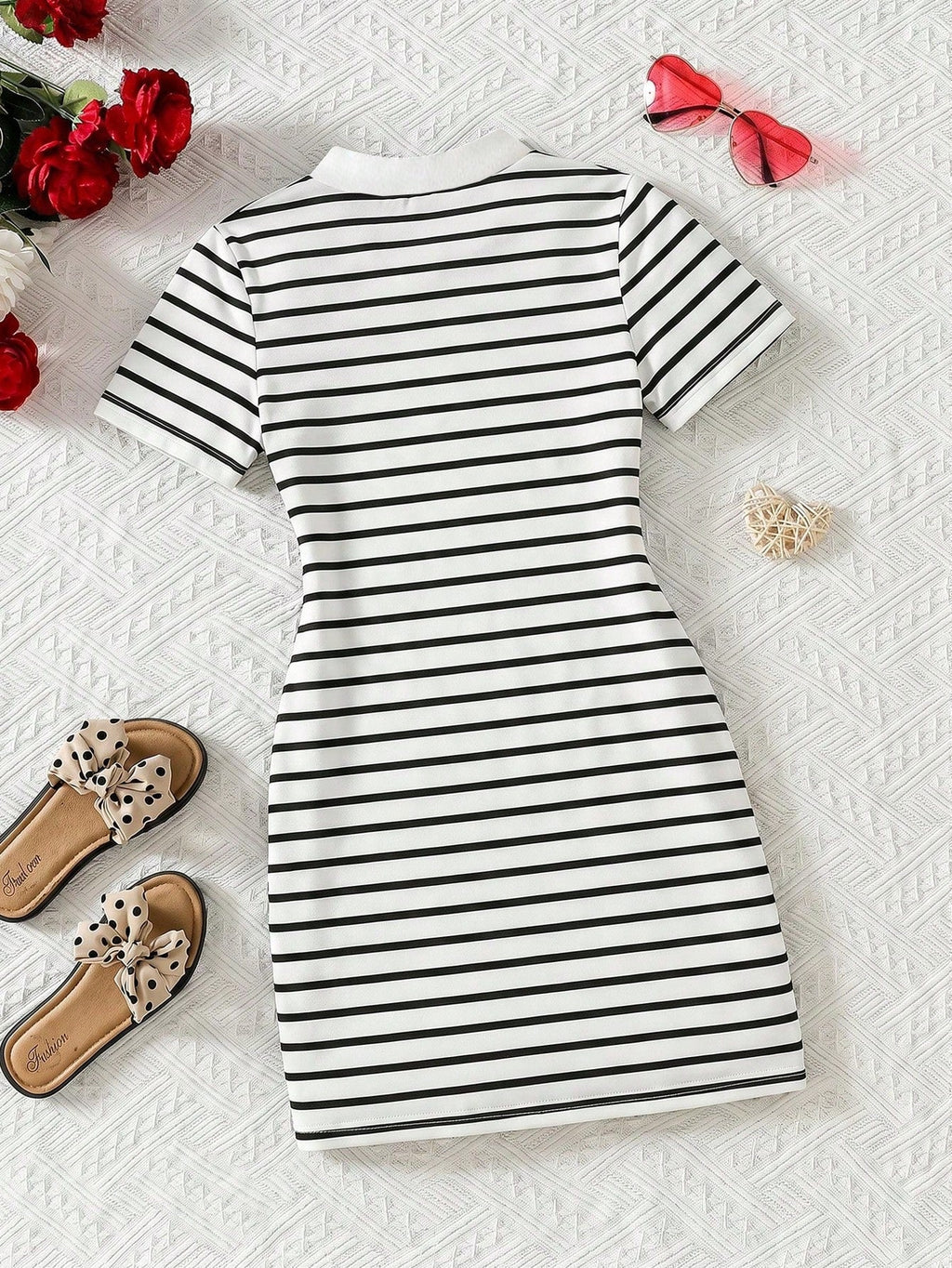 Girls Black & White Striped Ribbed Bodycon Dress