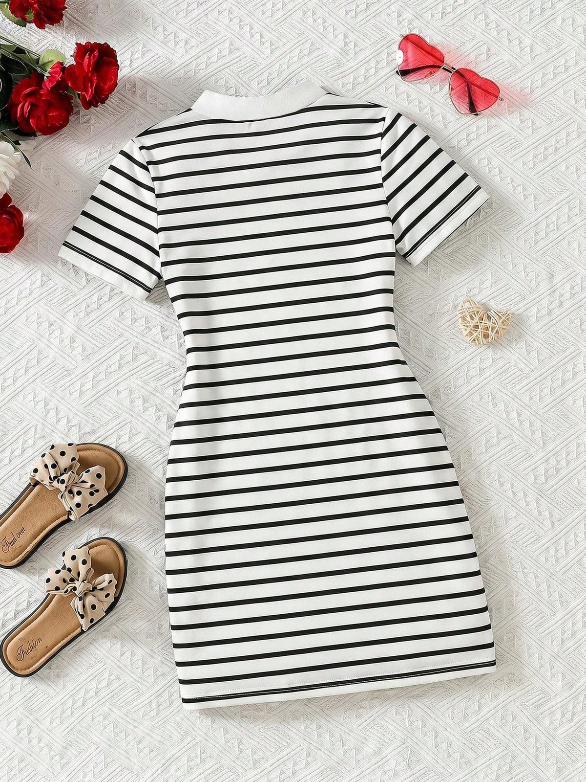 Girls Black & White Striped Ribbed Bodycon Dress