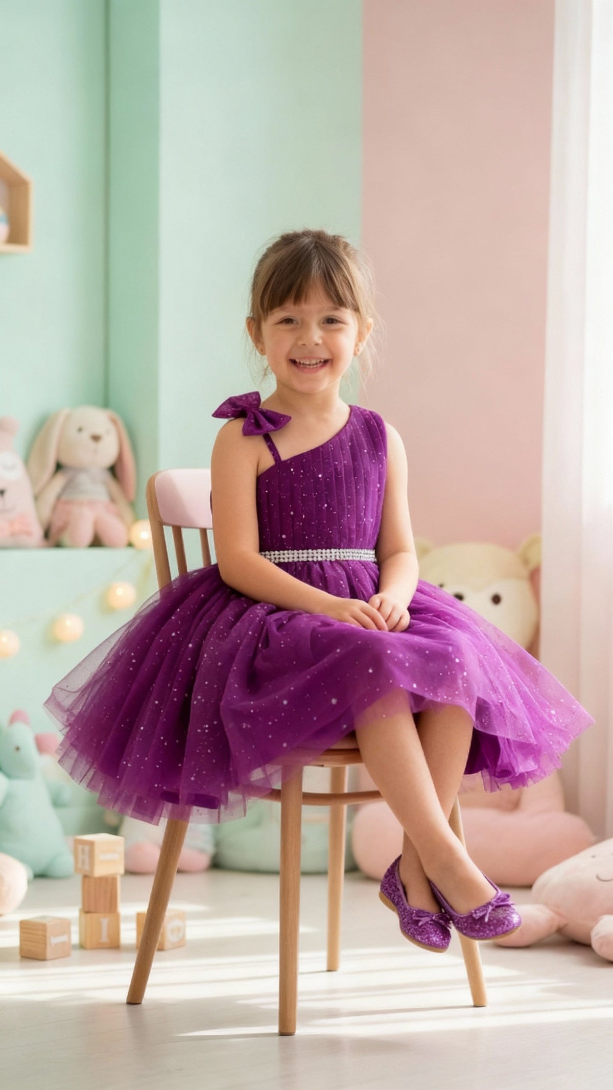 Girls Purple One-Shoulder Party Dress with Glitter Tulle & Crystal Belt
