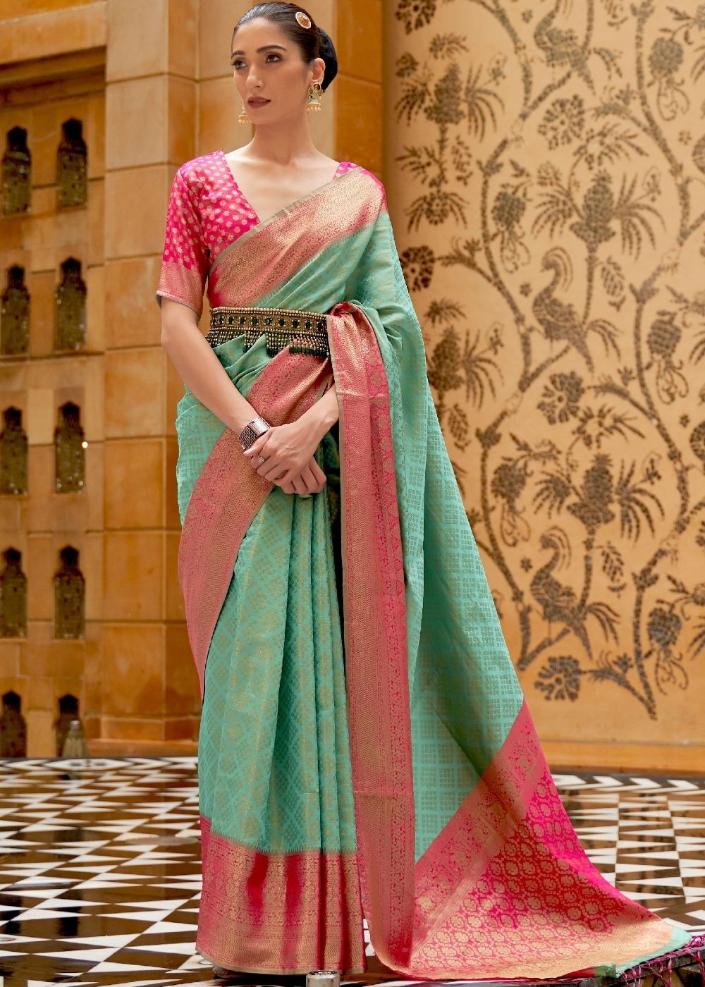 Caribbean Green Zari Woven Kanjivaram Silk Saree