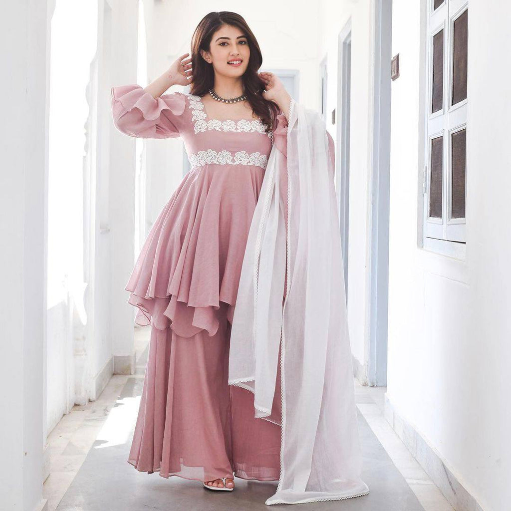 Peach Color Embroidery Work Georgette Palazzo Suit