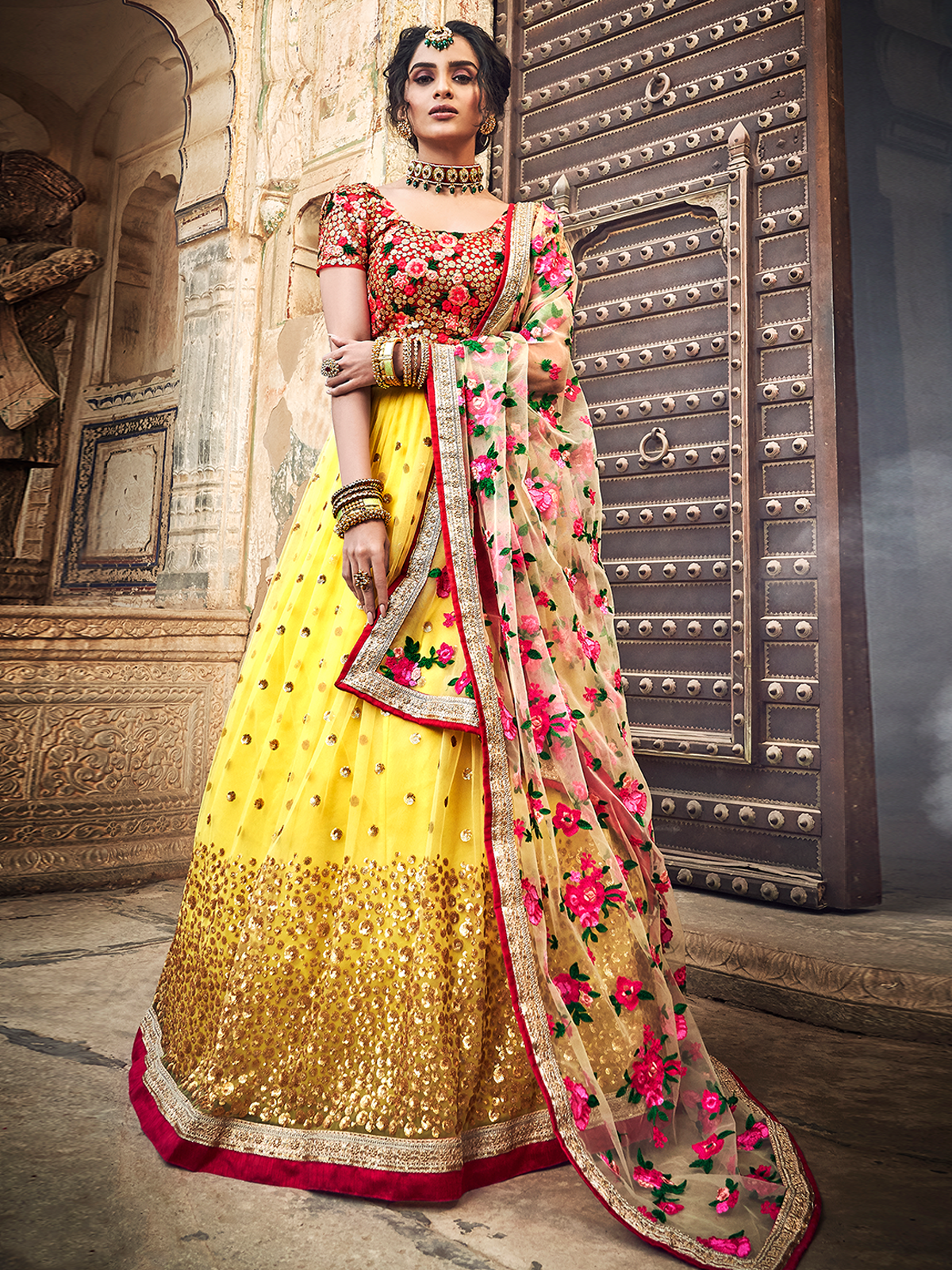 Yellow Embroidered Soft Net Semi Stitched Lehenga With Unstitched Blouse
