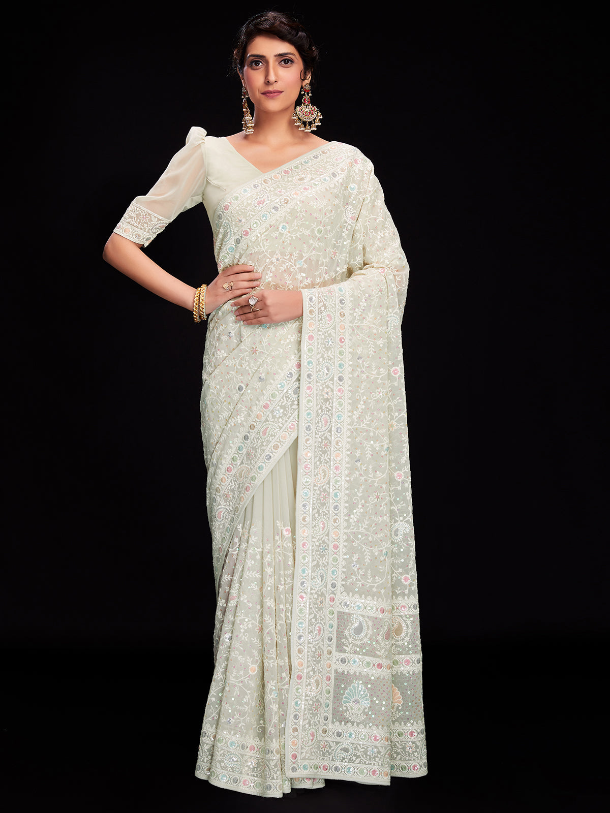 Off White Georgette Embroidered Saree With Unstitched Blouse