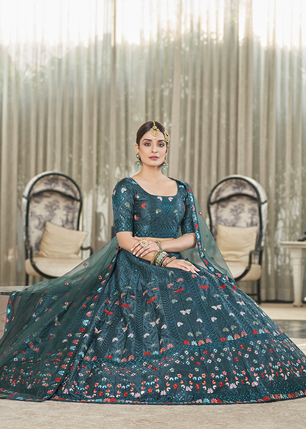 Teal Green Multi Sequins & Thread Wedding A Line Lehenga