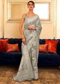 Koala Grey Chikankari Weaving Banarasi Cotton Silk Saree