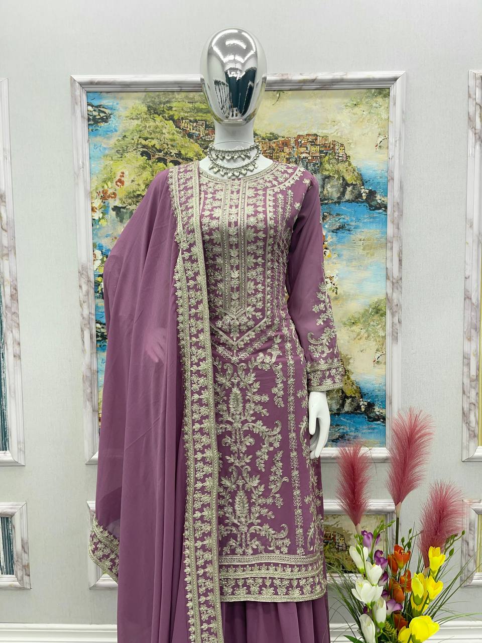 Glorious Dusty Pink Color Embroidered Sharara Suit
