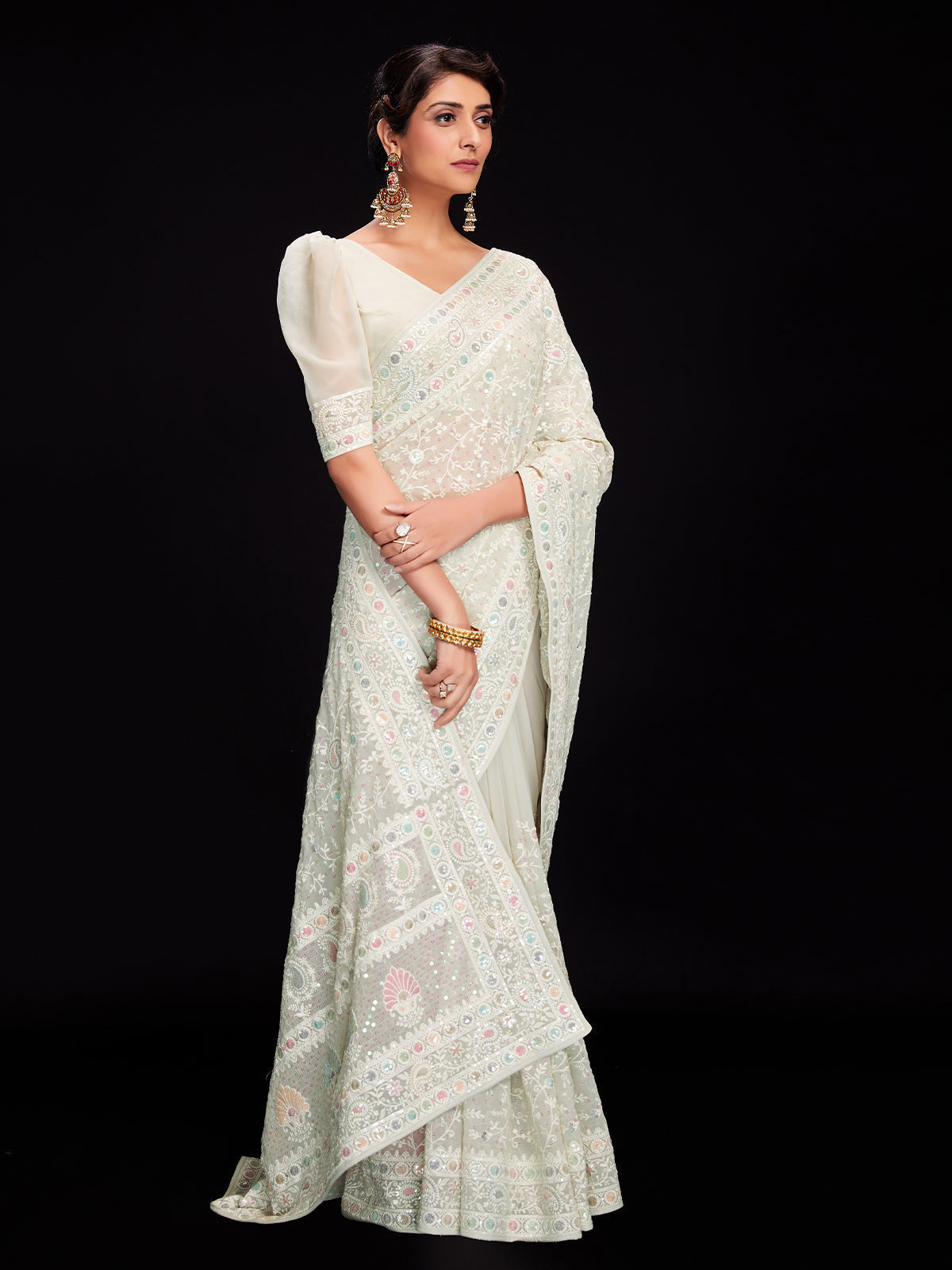 Off White Georgette Embroidered Saree With Unstitched Blouse