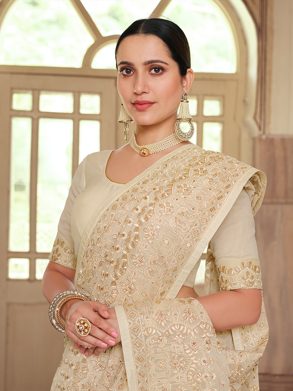 Apricot Georgette Saree With Unstitched Blouse