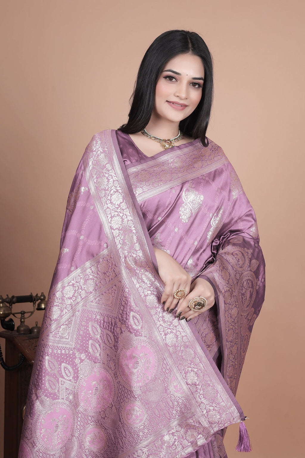 Traditional Purple Banarasi Silk Saree with Zari Work & Tassel Border