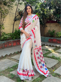 White Pure Cotton Linen Saree with Multicolor Checkered Design, Blouse, and Tassel Detailing