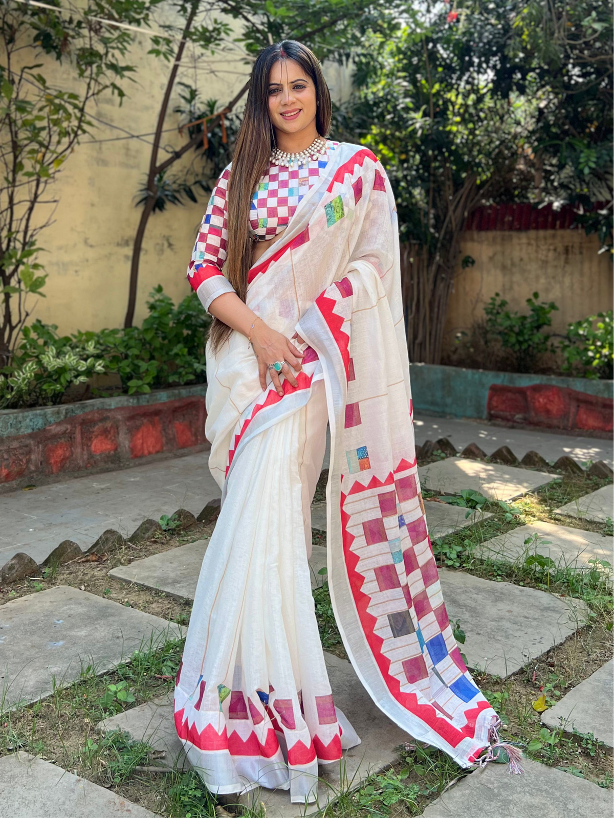 White Pure Cotton Linen Saree with Multicolor Checkered Design, Blouse, and Tassel Detailing