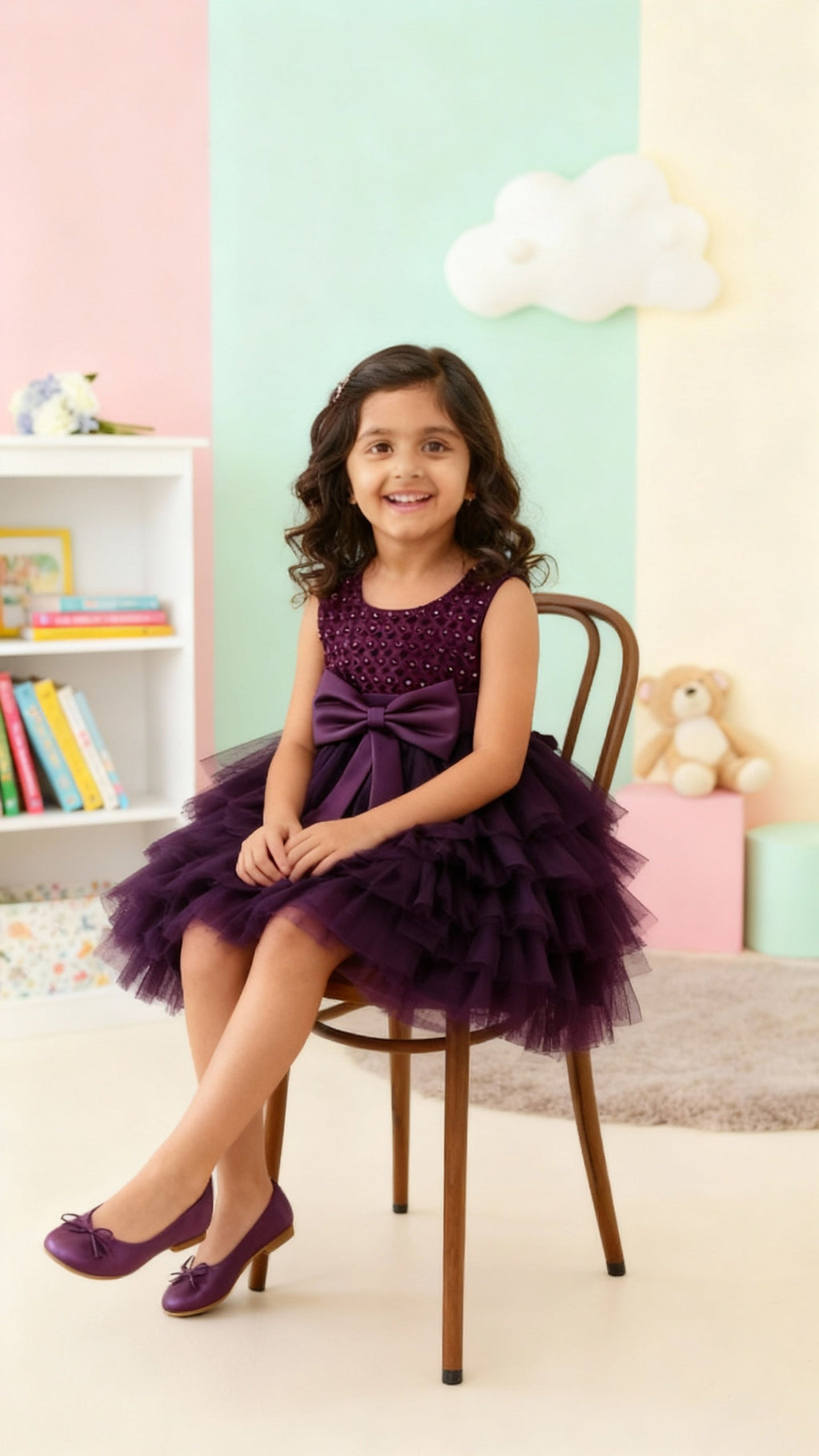 Girls Premium Purple Layered Party Dress with Big Bow & Embellished Bodice