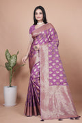 Purple Banarasi Silk Saree with Golden Zari Work & Tassel Border