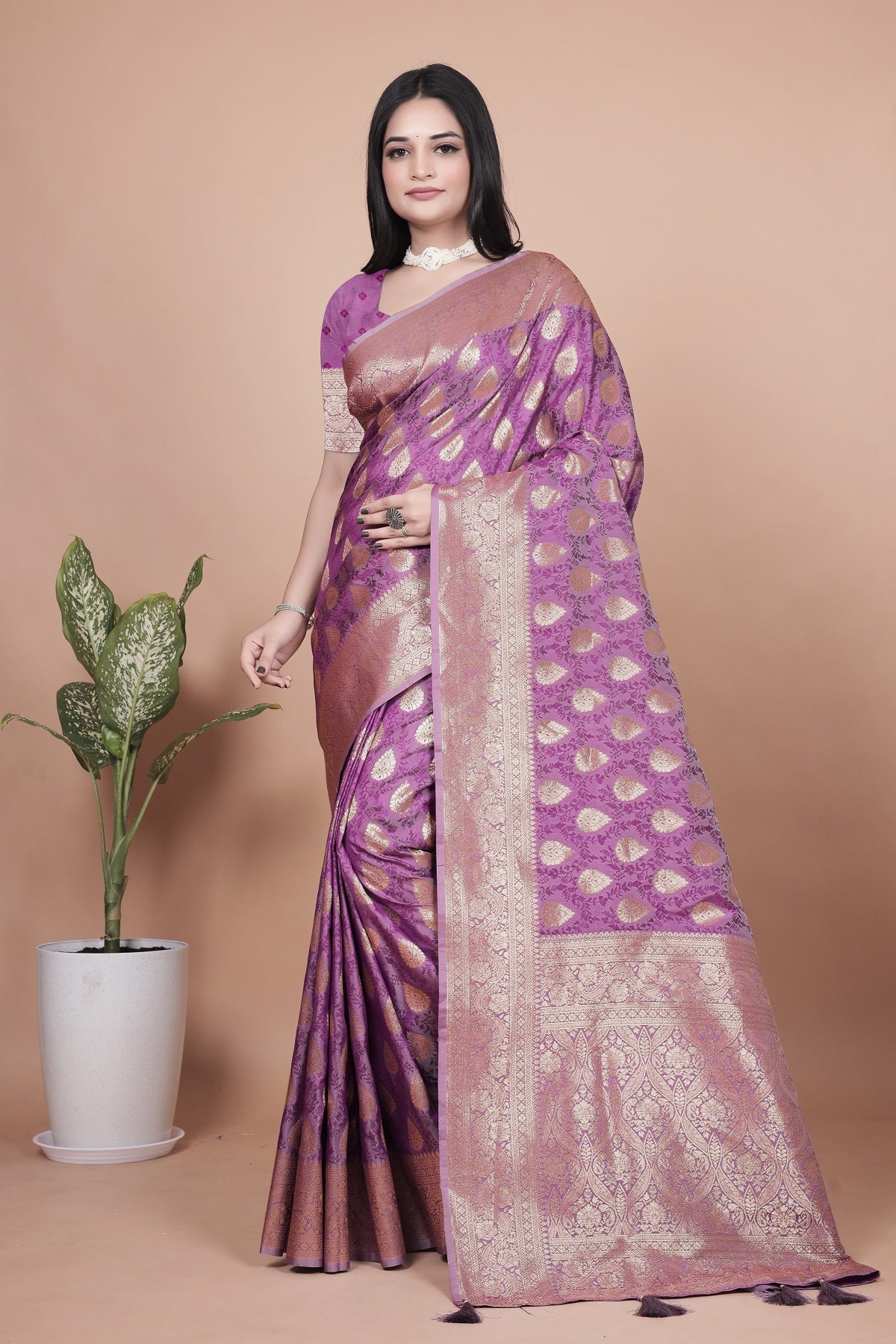 Purple Banarasi Silk Saree with Golden Zari Work & Tassel Border