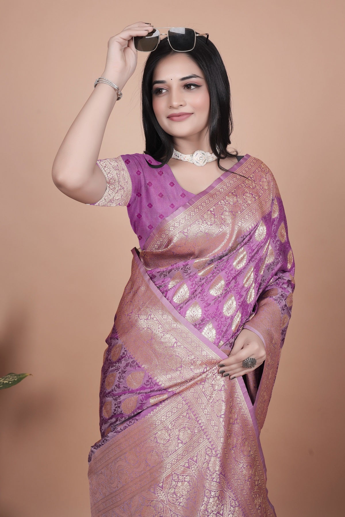 Purple Banarasi Silk Saree with Golden Zari Work & Tassel Border