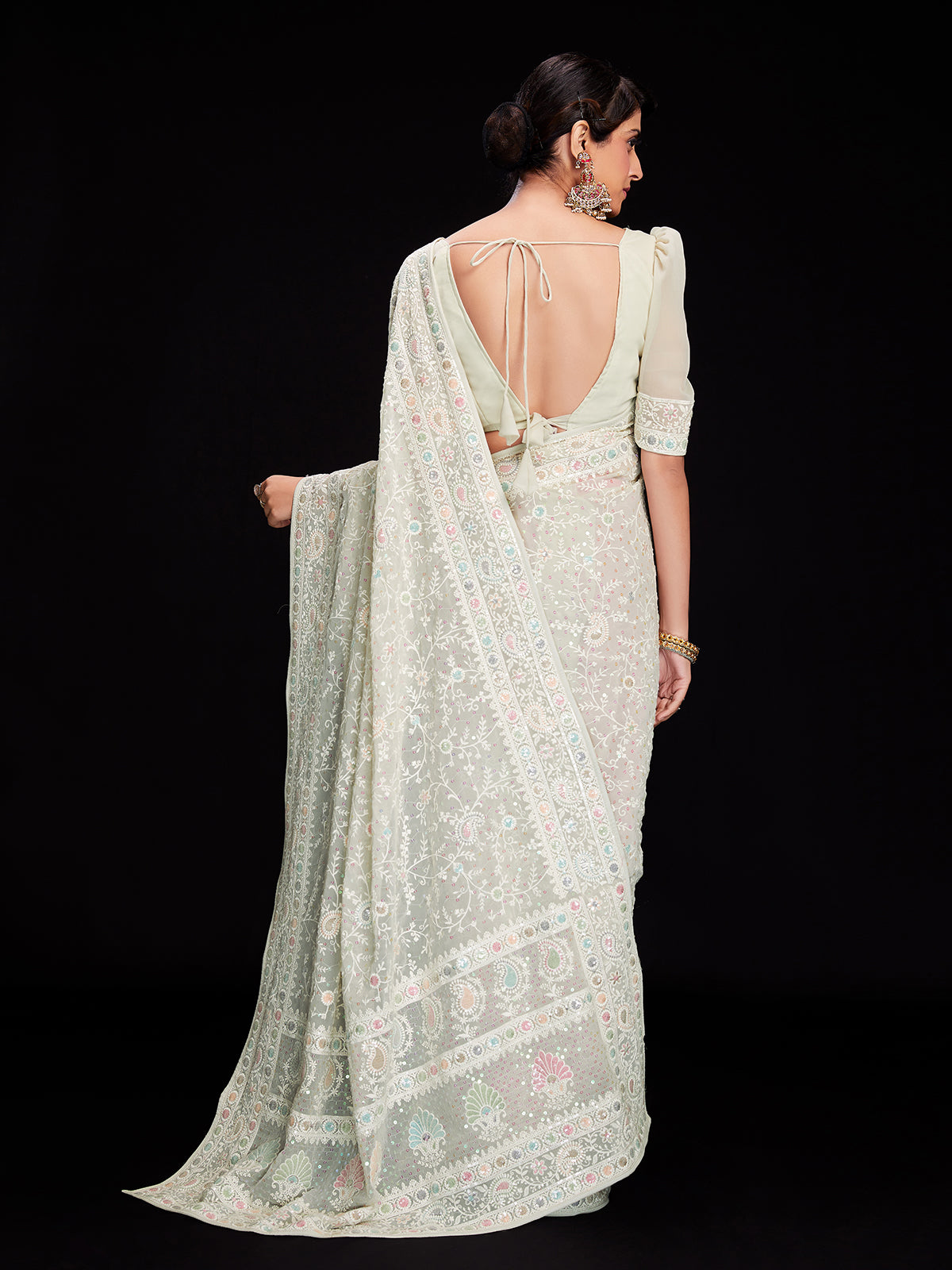 Off White Georgette Embroidered Saree With Unstitched Blouse