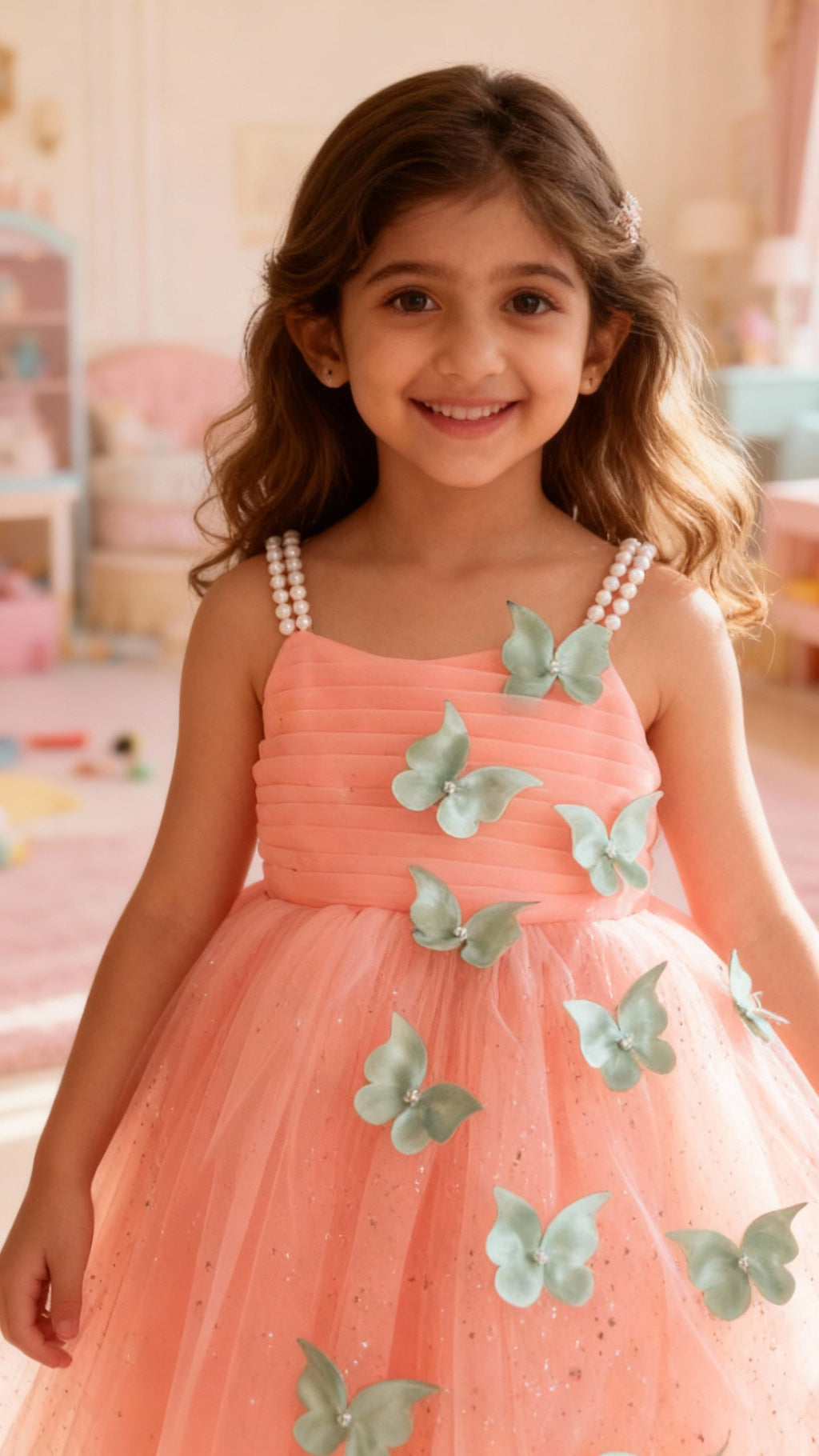 Peach Butterfly Applique Party Dress for Girls with Pearl Straps & Glitter Tulle