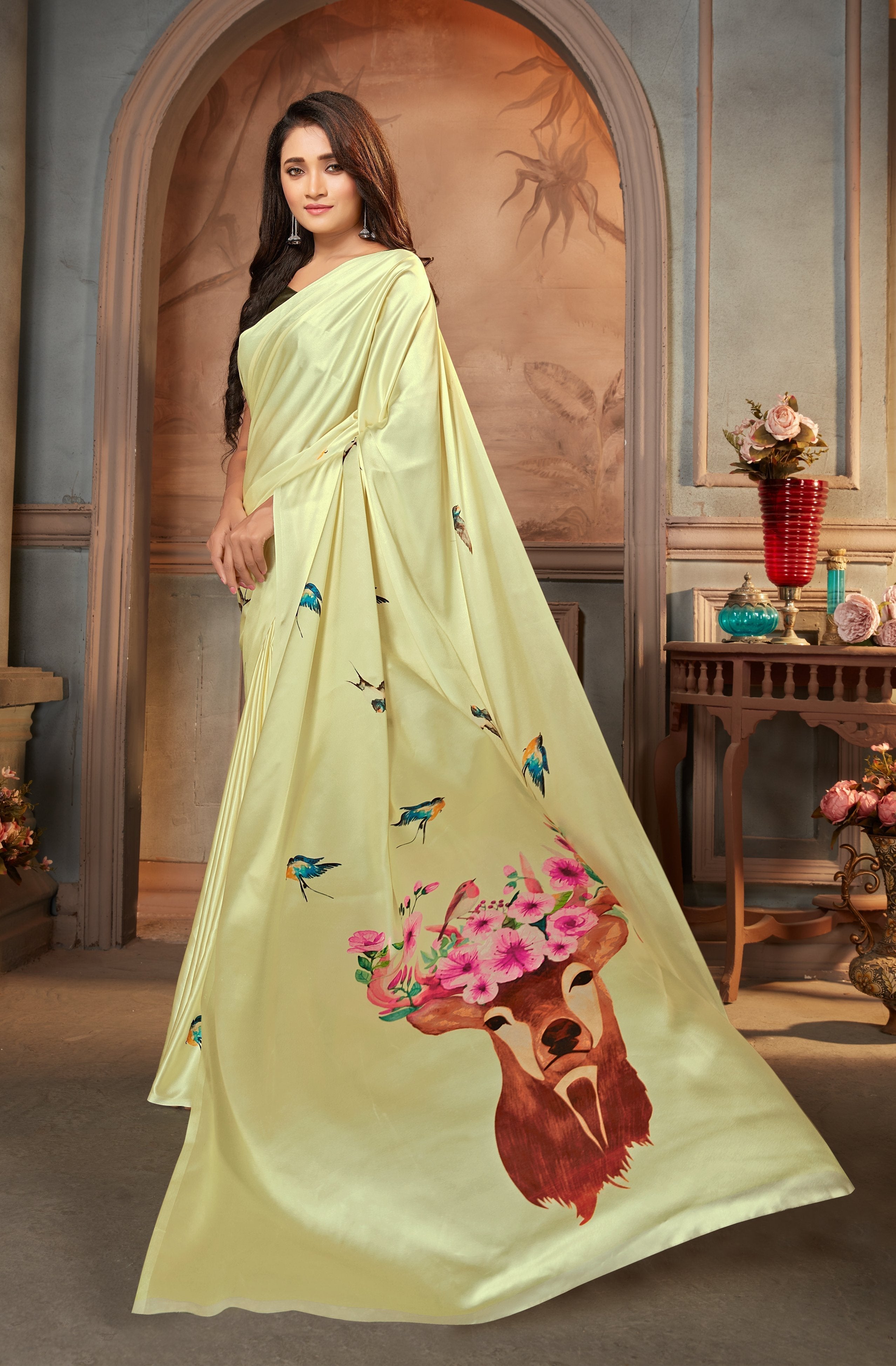 Pastel Green color Satin digital print Saree