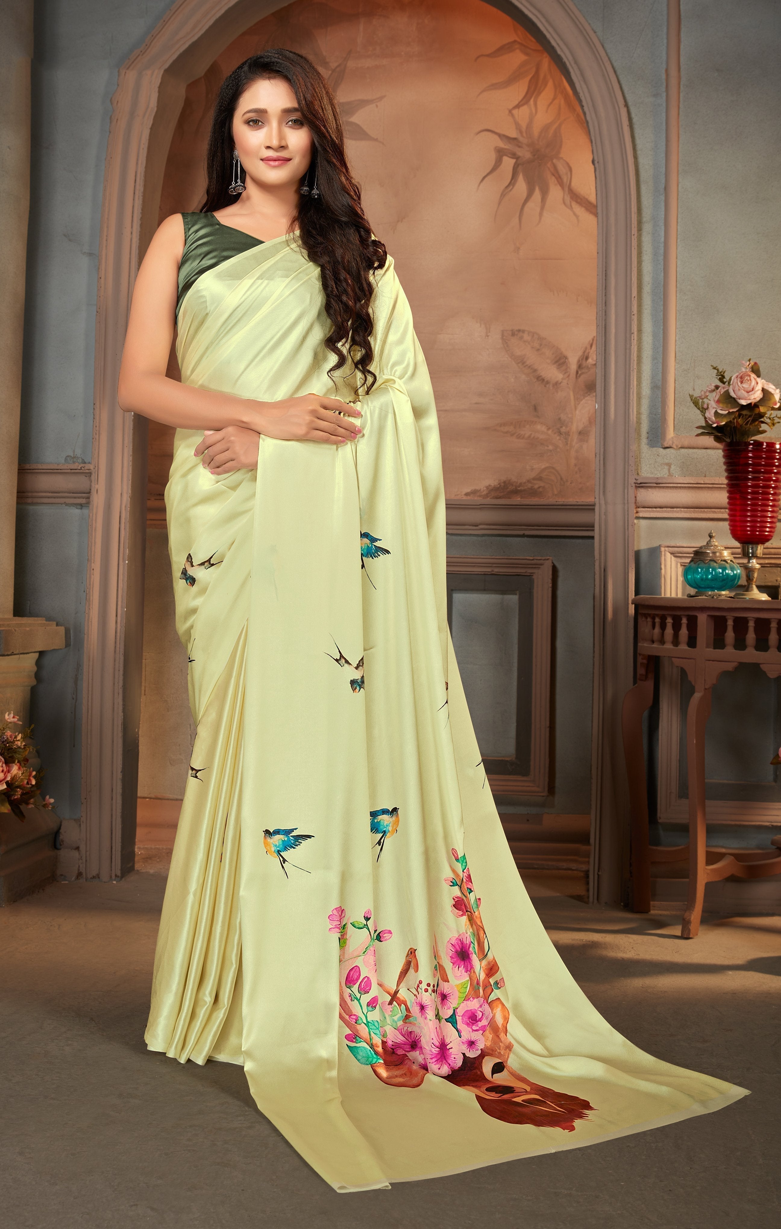 Pastel Green color Satin digital print Saree