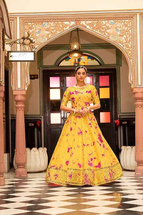 Cotton Shibori Print With Sequence Embroidered Anarkali Gown