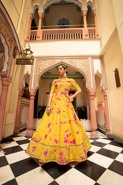 Cotton Shibori Print With Sequence Embroidered Anarkali Gown